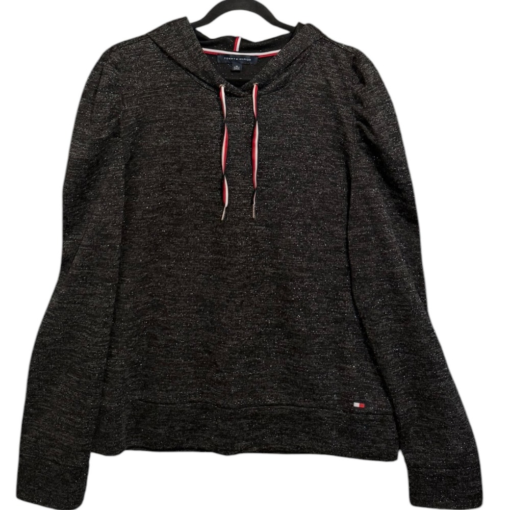 Tommy Hilfiger Metallic Lurex Shimmer Puff-Sleeve Hoodie XL Athleisure Festive